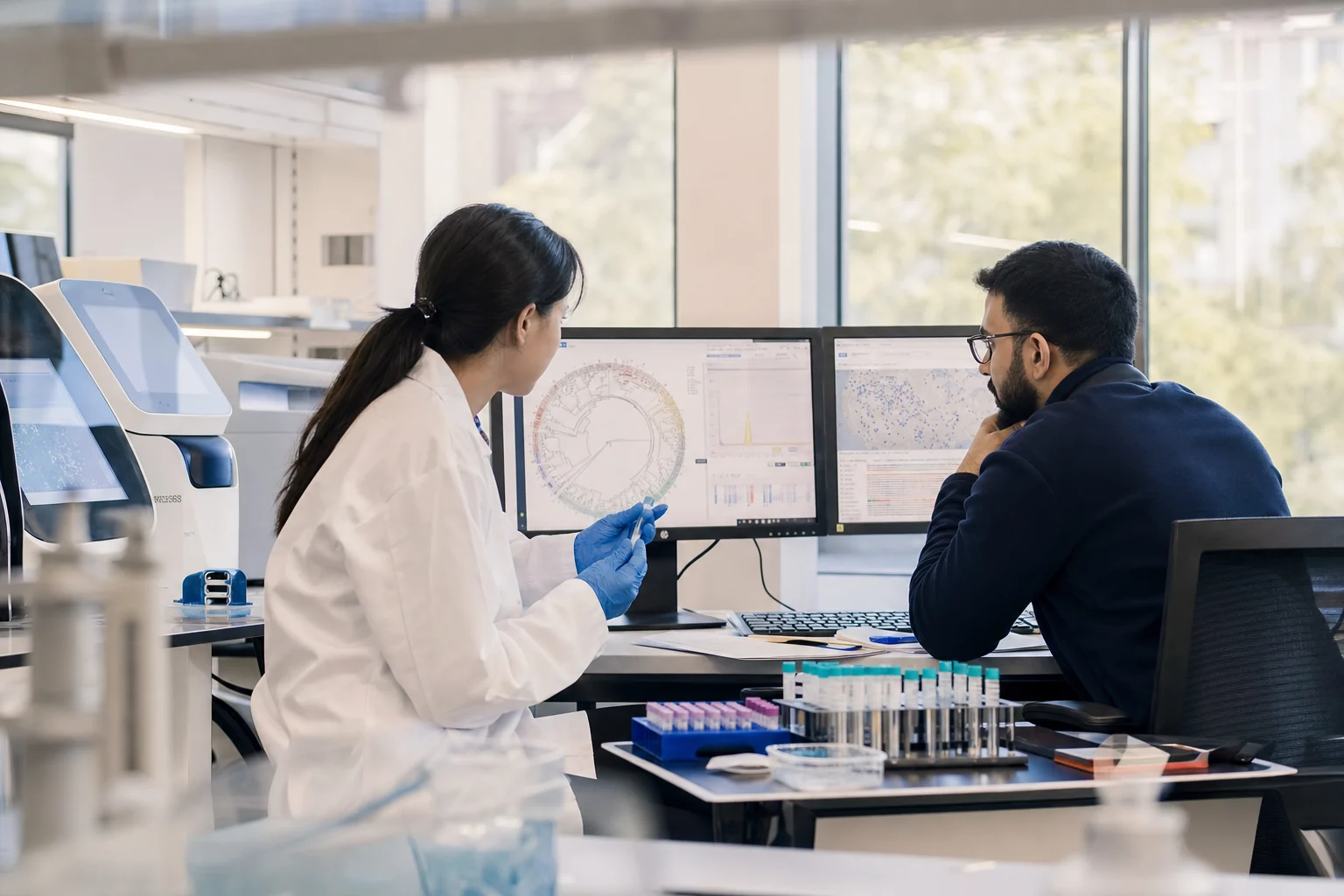 Two laboratory specialists review pathogen genomic analysis beside sequencing instruments